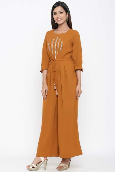Brown Polymoss Embroidered Ethnic Jumpsuit