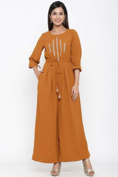 Brown Polymoss Embroidered Ethnic Jumpsuit