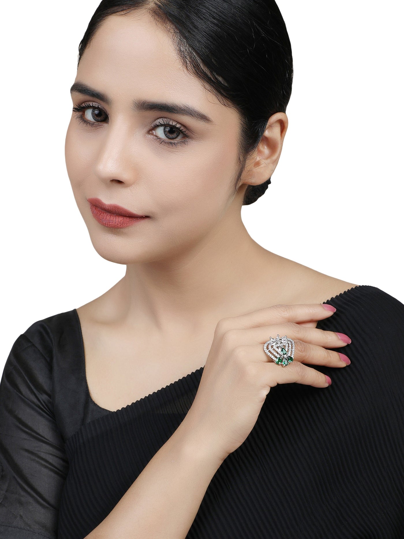 Women's Silver-Plated Green & White Ad-Studded Adjustable Finger Ring