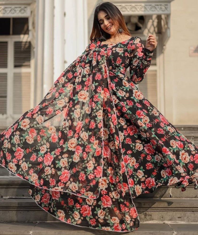 Women's Floral Printed Knee Length Elbow Length Sleeves Round Neck Kurti And Palazzo Set With Net Dupatta