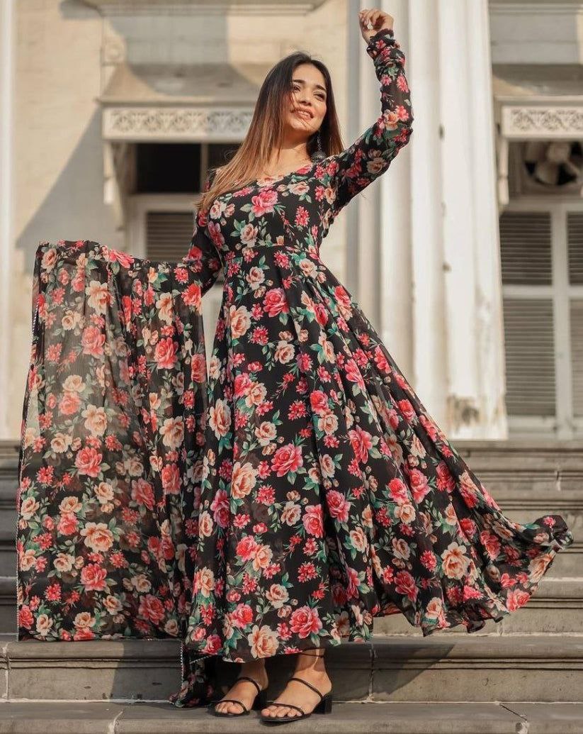 Women's Floral Printed Knee Length Elbow Length Sleeves Round Neck Kurti And Palazzo Set With Net Dupatta