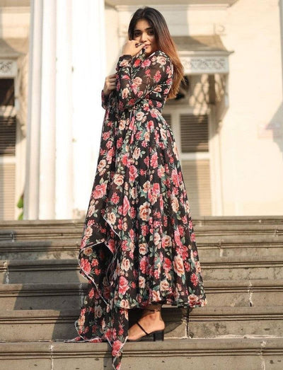 Women's Floral Printed Knee Length Elbow Length Sleeves Round Neck Kurti And Palazzo Set With Net Dupatta