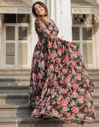 Women's Floral Printed Knee Length Elbow Length Sleeves Round Neck Kurti And Palazzo Set With Net Dupatta