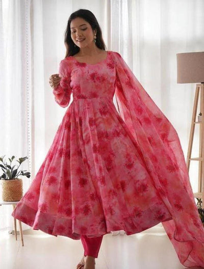 Women's Floral Printed Knee Length Elbow Length Sleeves Round Neck Kurti And Palazzo Set With Net Dupatta