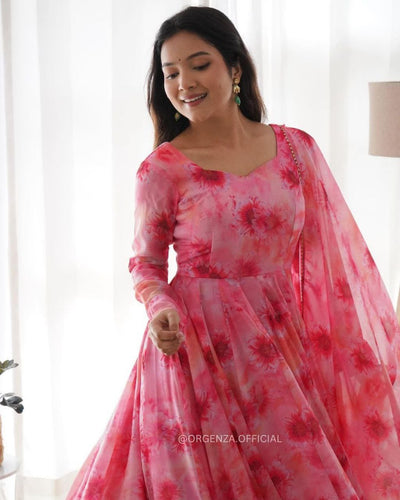 Women's Floral Printed Knee Length Elbow Length Sleeves Round Neck Kurti And Palazzo Set With Net Dupatta