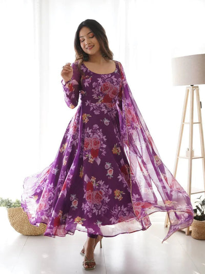 Women's Floral Printed Knee Length Elbow Length Sleeves Round Neck Kurti And Palazzo Set With Net Dupatta