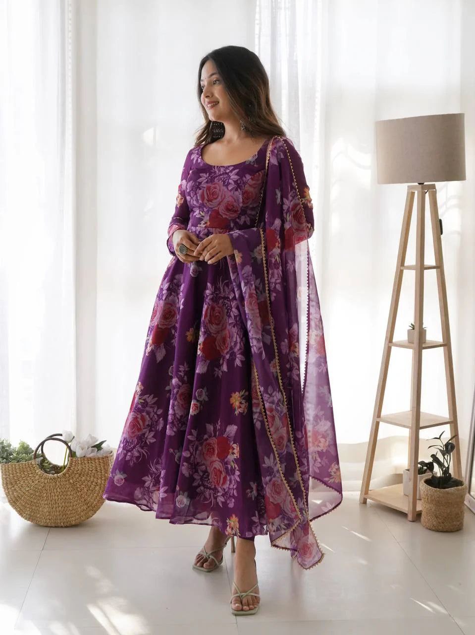 Women's Floral Printed Knee Length Elbow Length Sleeves Round Neck Kurti And Palazzo Set With Net Dupatta