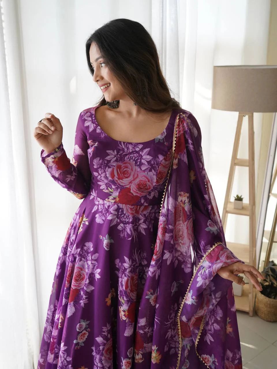 Women's Floral Printed Knee Length Elbow Length Sleeves Round Neck Kurti And Palazzo Set With Net Dupatta