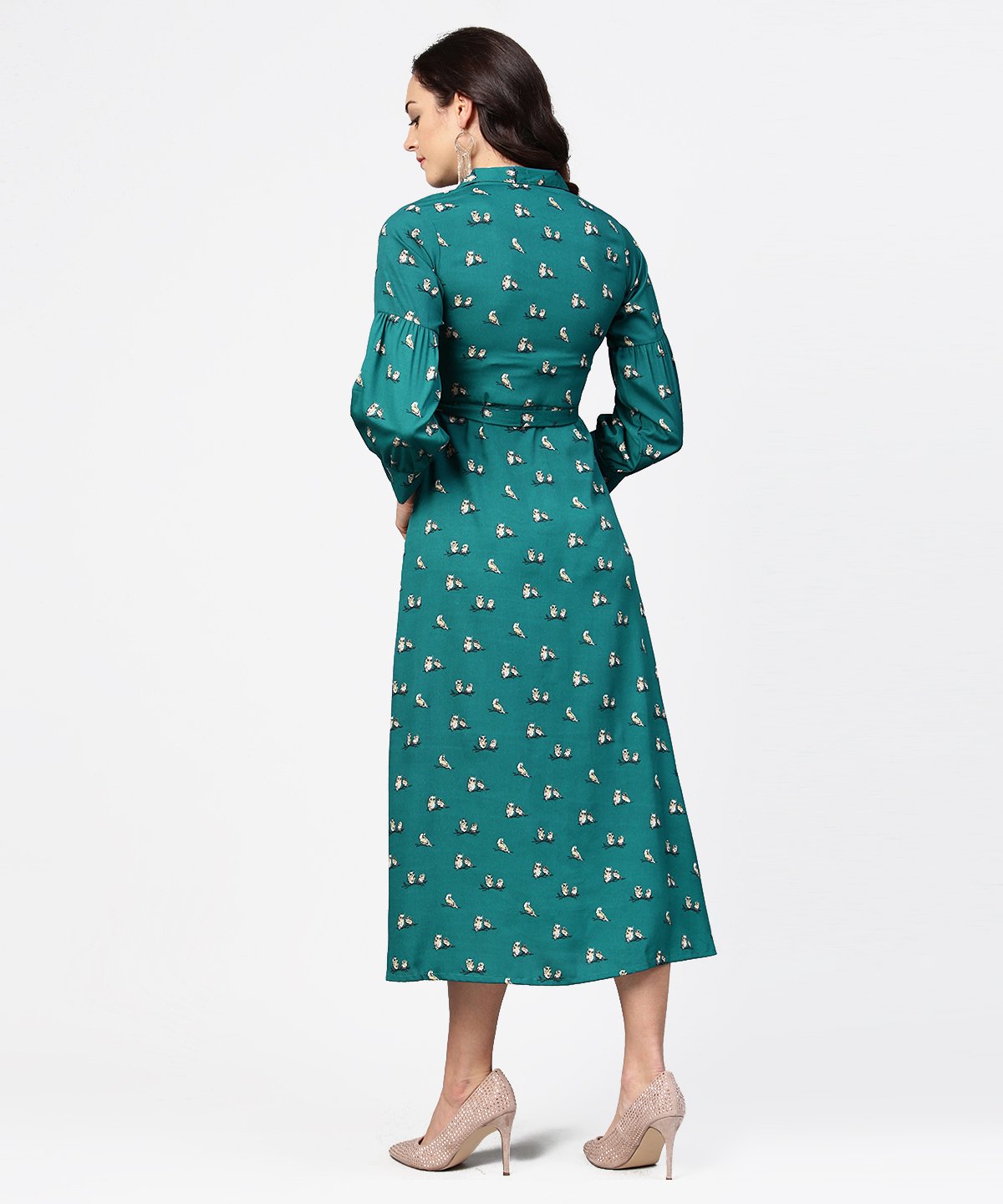 Women's Blue Printed Full Sleeve Maxi Dress With Belt