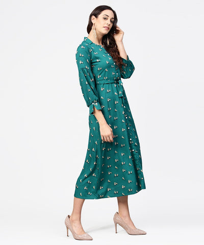 Women's Blue Printed Full Sleeve Maxi Dress With Belt