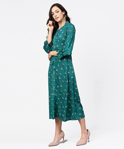 Women's Blue Printed Full Sleeve Maxi Dress With Belt