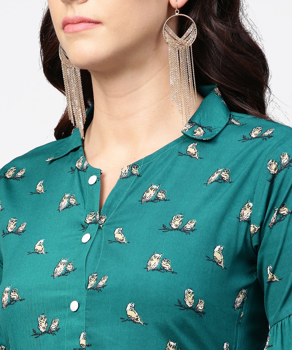 Women's Blue Printed Full Sleeve Maxi Dress With Belt