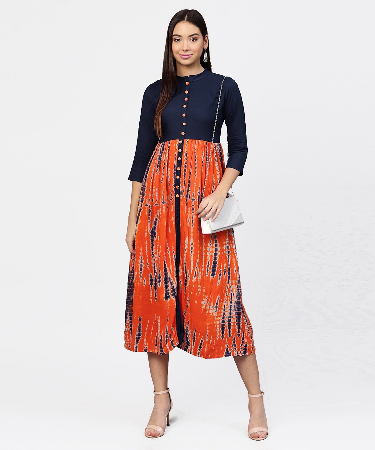 Women's Printed Tye-Dye Chinese Collared 3/4Th Sleeves Maxi Dress