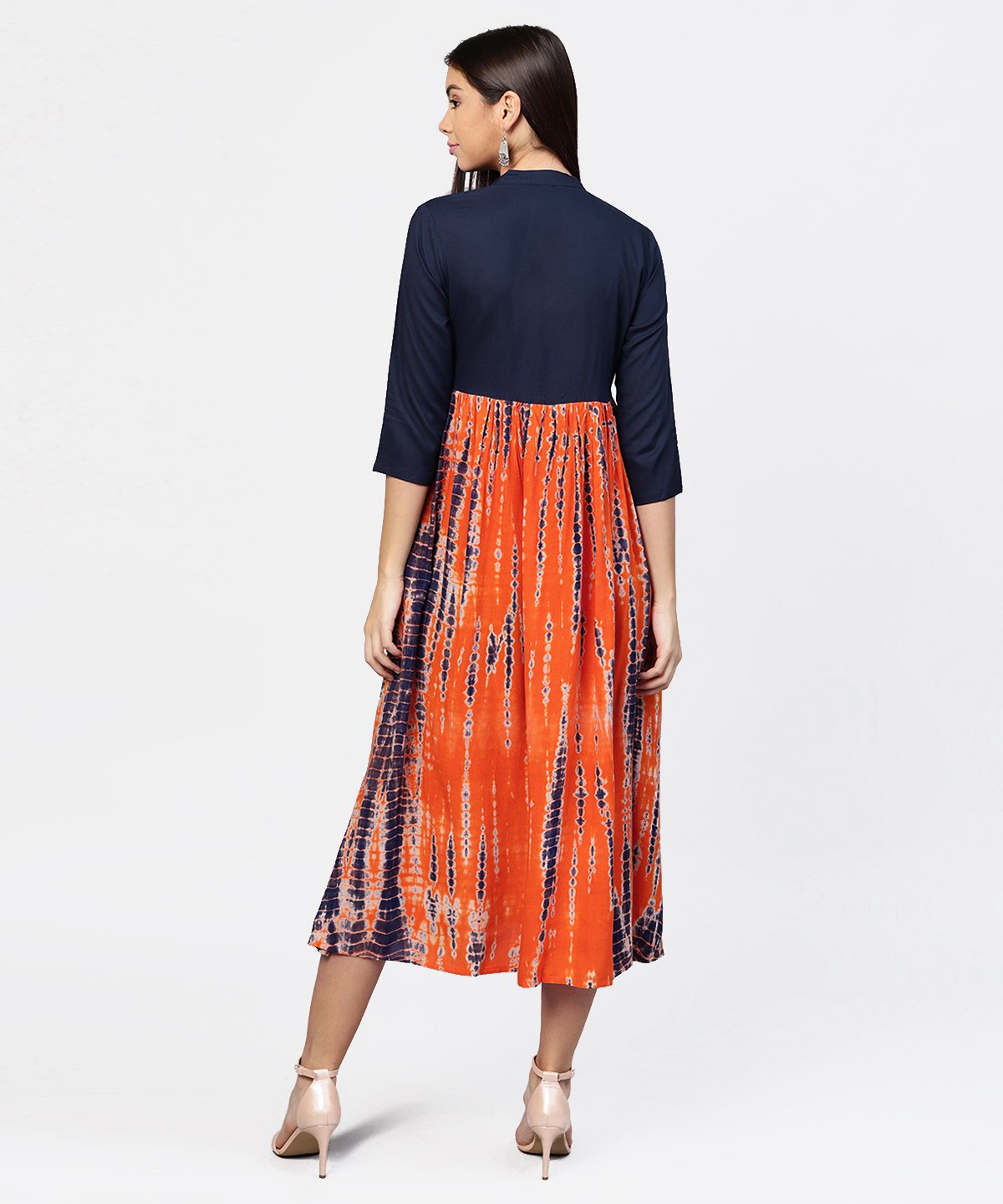 Women's Printed Tye-Dye Chinese Collared 3/4Th Sleeves Maxi Dress