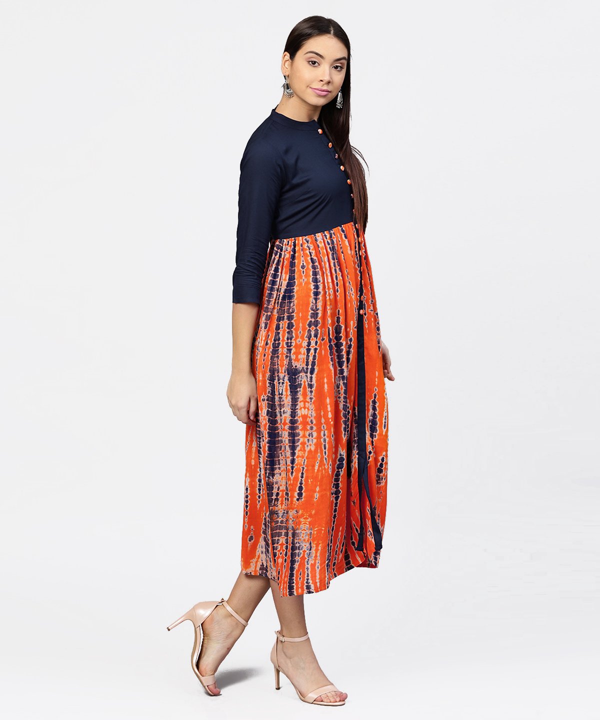 Women's Printed Tye-Dye Chinese Collared 3/4Th Sleeves Maxi Dress