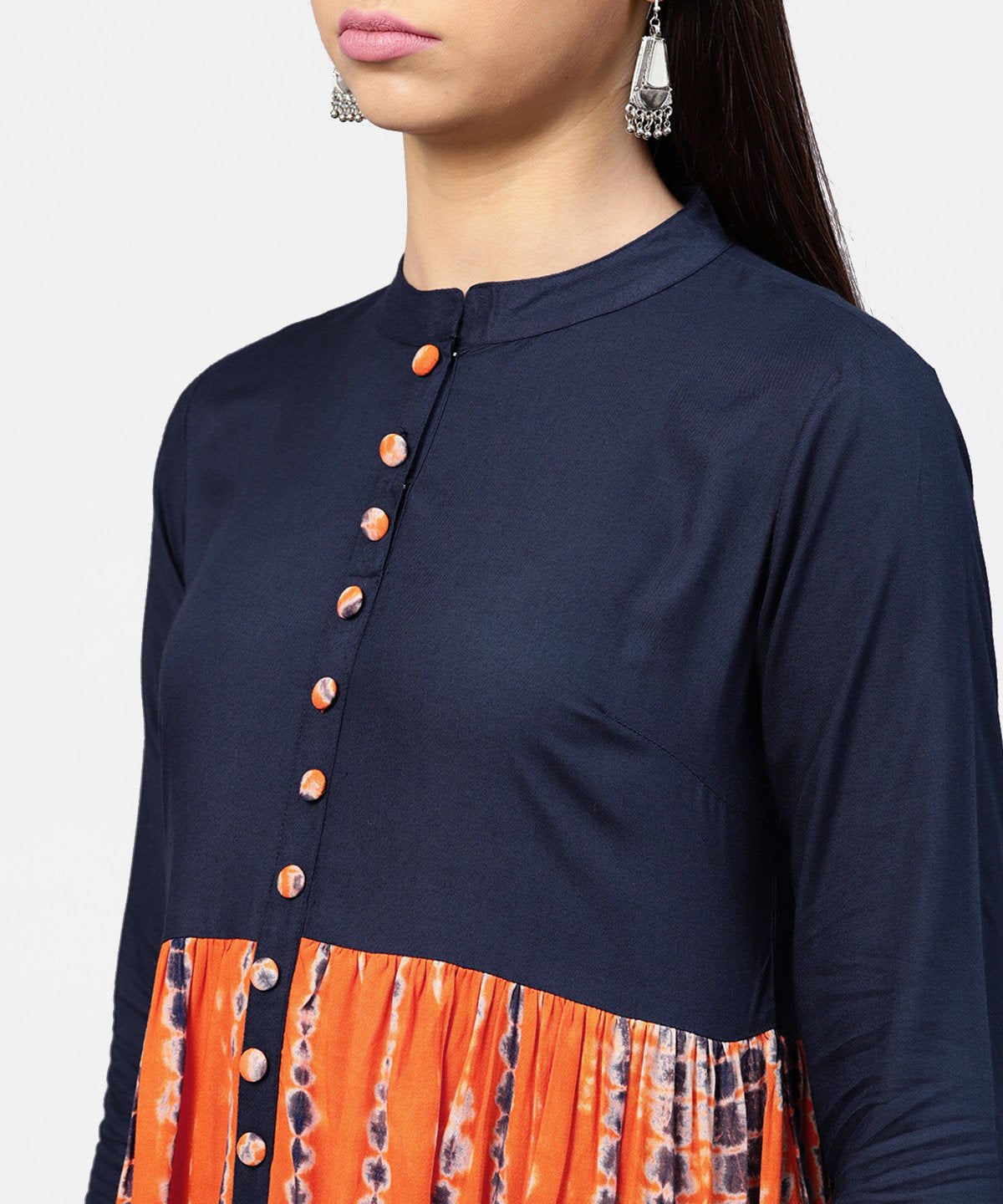 Women's Printed Tye-Dye Chinese Collared 3/4Th Sleeves Maxi Dress