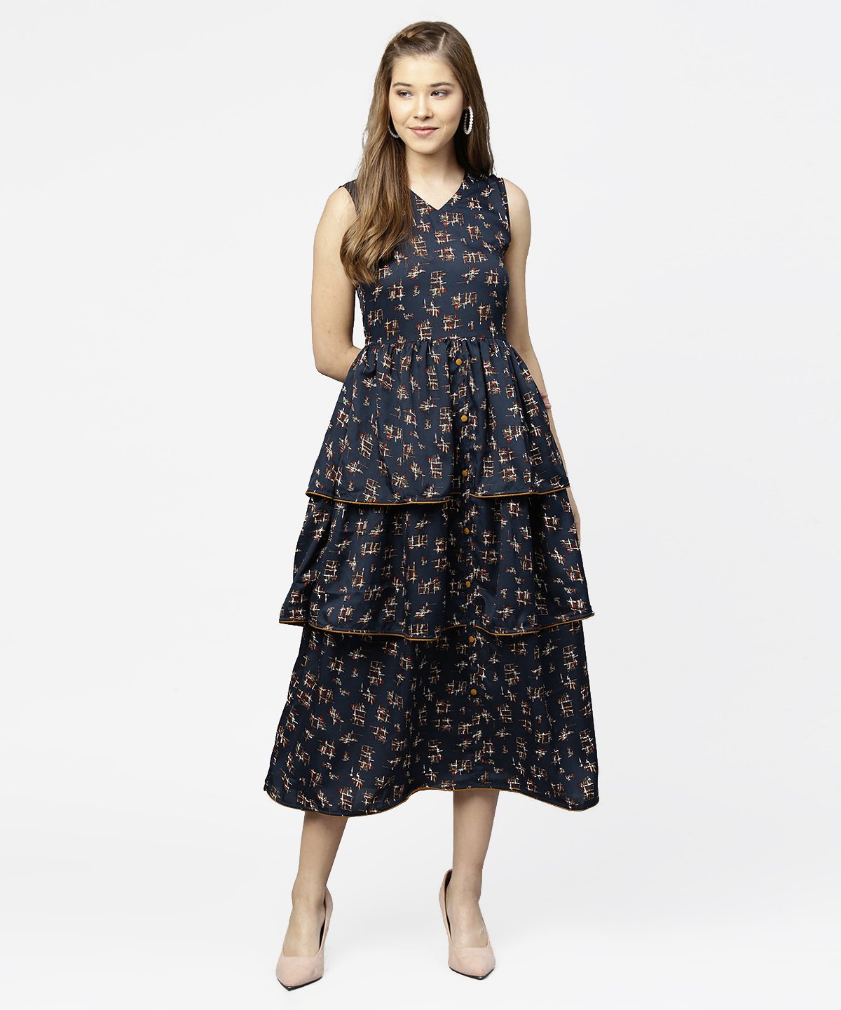 Women's Blue Sleeveless Crepe Printed Multi Layred Maxi Dress