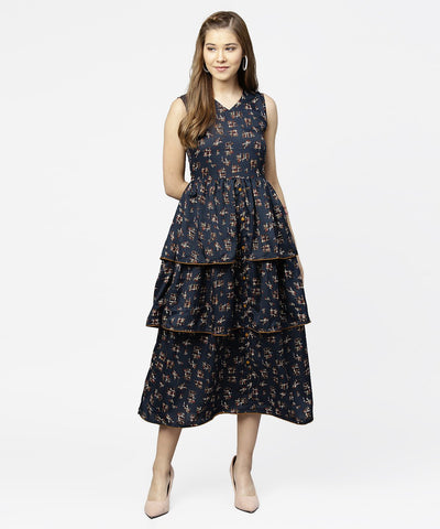 Women's Blue Sleeveless Crepe Printed Multi Layred Maxi Dress