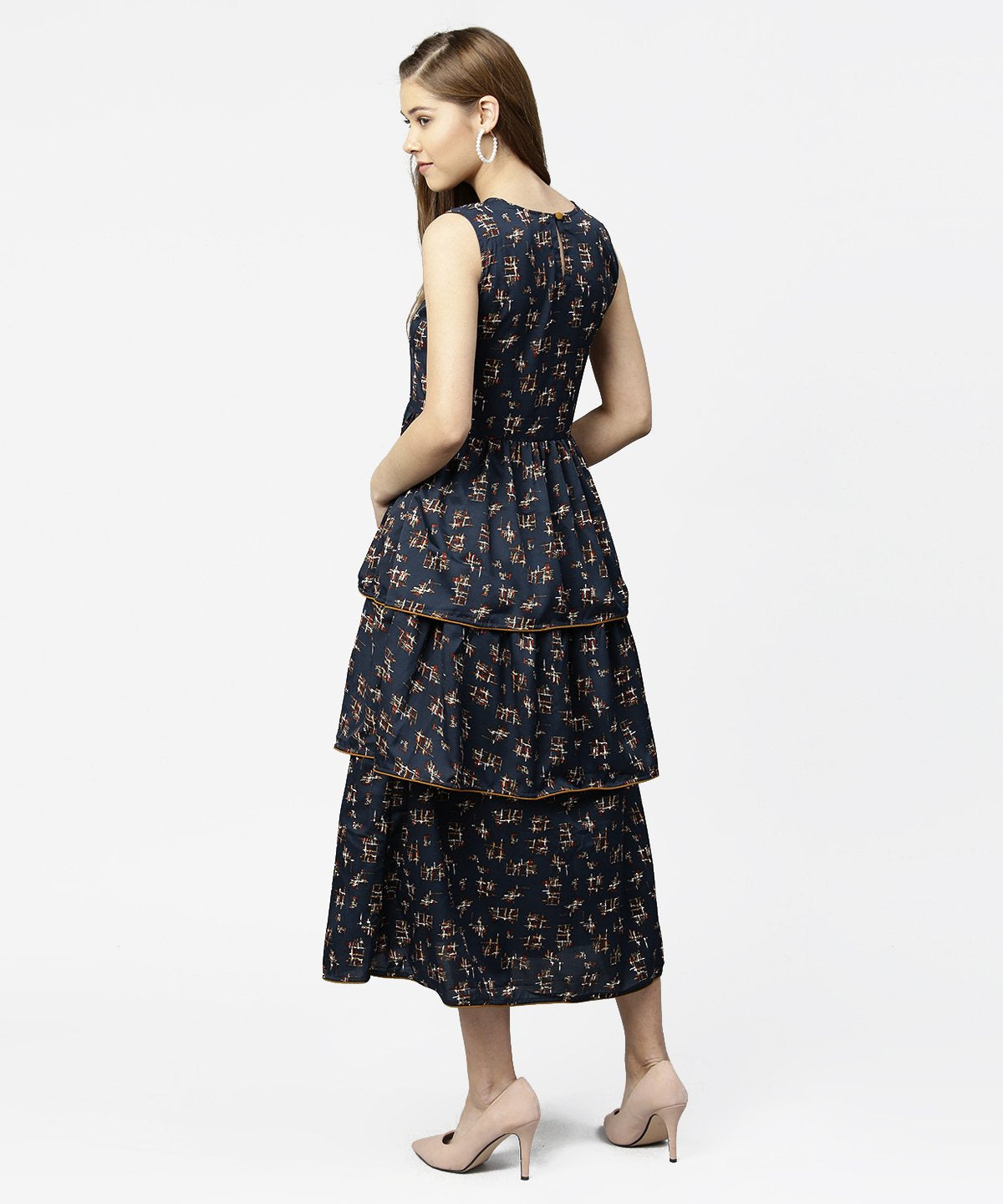 Women's Blue Sleeveless Crepe Printed Multi Layred Maxi Dress