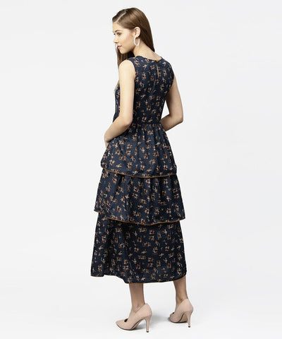 Women's Blue Sleeveless Crepe Printed Multi Layred Maxi Dress