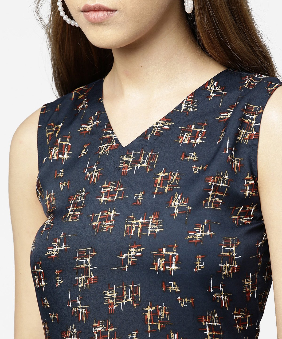 Women's Blue Sleeveless Crepe Printed Multi Layred Maxi Dress