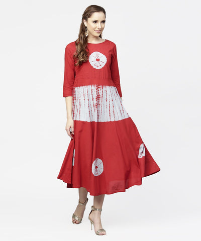Women's Red Tye Dye 3/4Th Sleeve Cotton Maxi Dress