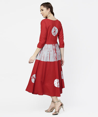 Women's Red Tye Dye 3/4Th Sleeve Cotton Maxi Dress