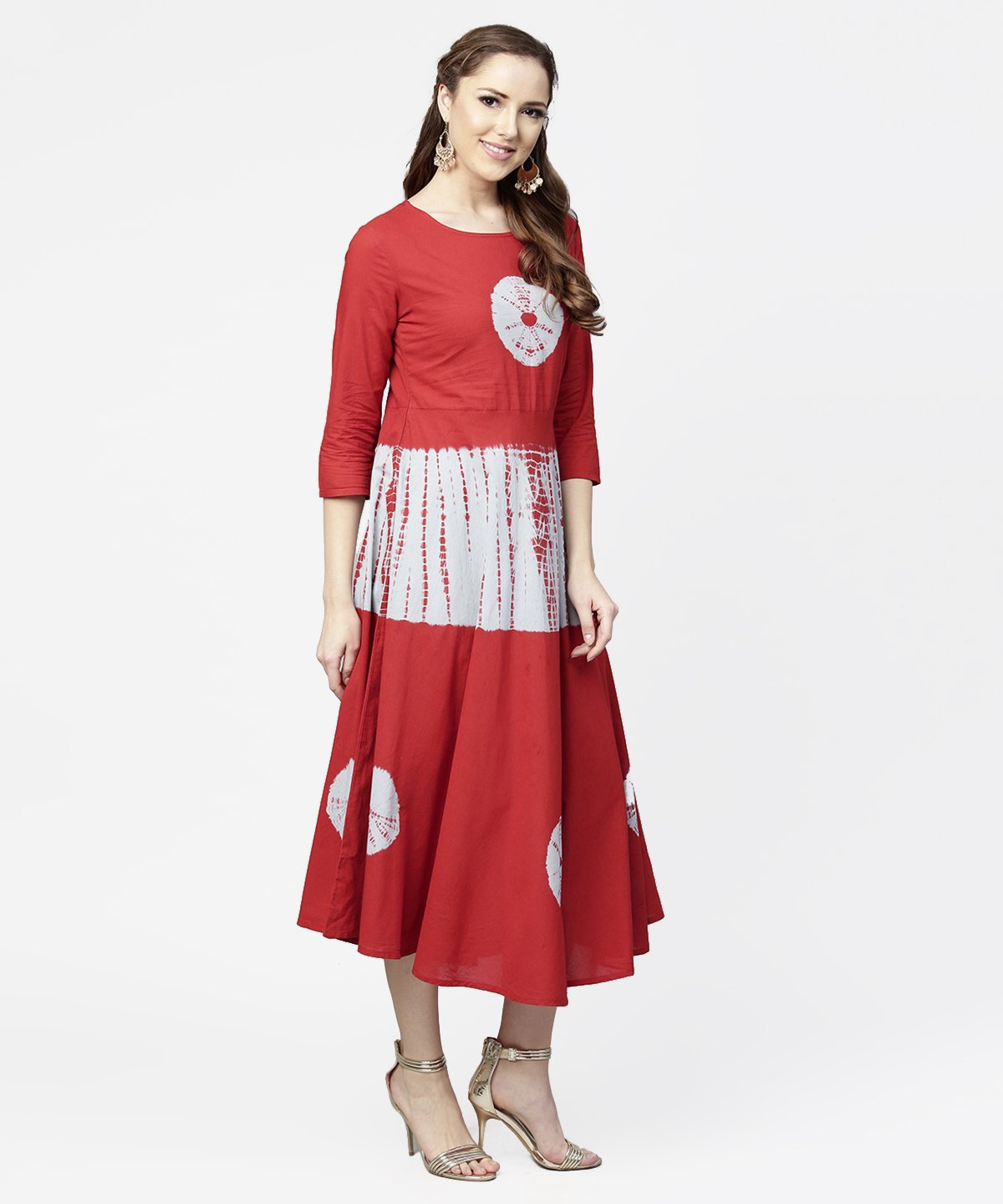 Women's Red Tye Dye 3/4Th Sleeve Cotton Maxi Dress