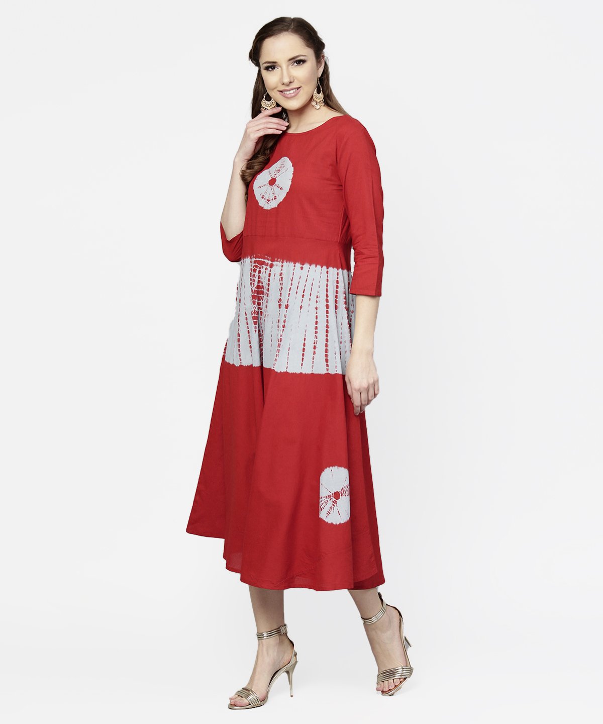 Women's Red Tye Dye 3/4Th Sleeve Cotton Maxi Dress