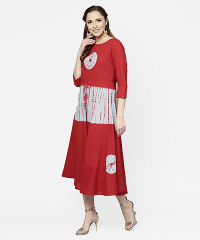 Women's Red Tye Dye 3/4Th Sleeve Cotton Maxi Dress