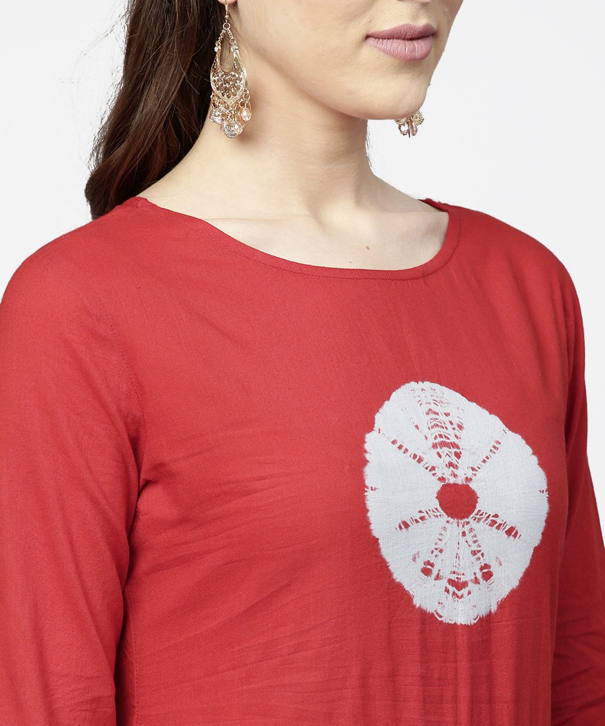 Women's Red Tye Dye 3/4Th Sleeve Cotton Maxi Dress