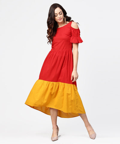 Women's Red & Yellow Short Cold Shoulder Cotton Maxi Dress