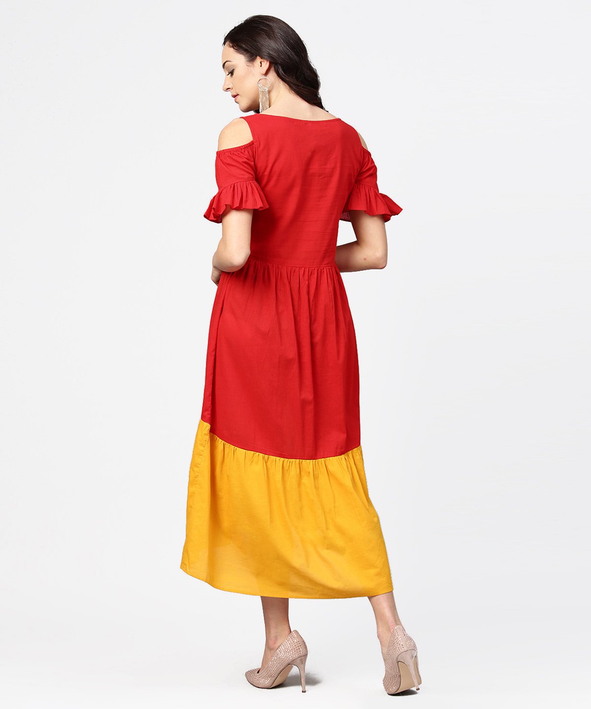 Women's Red & Yellow Short Cold Shoulder Cotton Maxi Dress