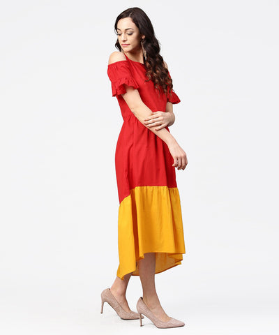 Women's Red & Yellow Short Cold Shoulder Cotton Maxi Dress