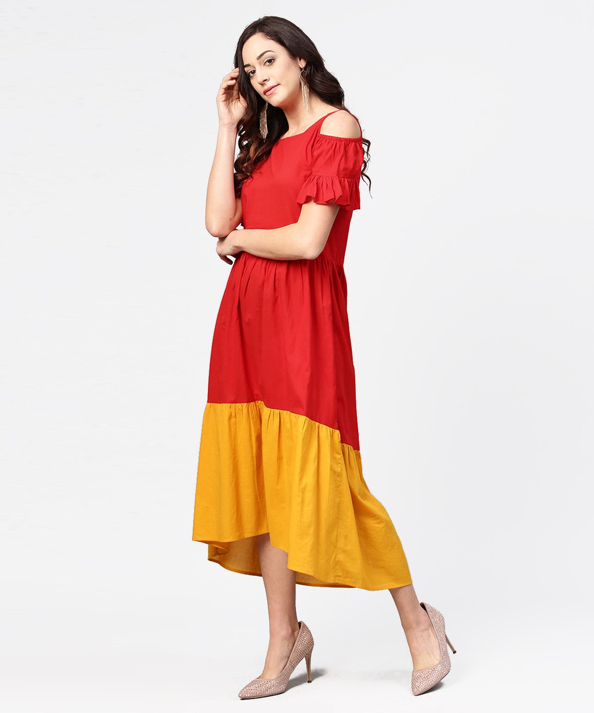 Women's Red & Yellow Short Cold Shoulder Cotton Maxi Dress