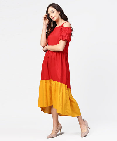 Women's Red & Yellow Short Cold Shoulder Cotton Maxi Dress