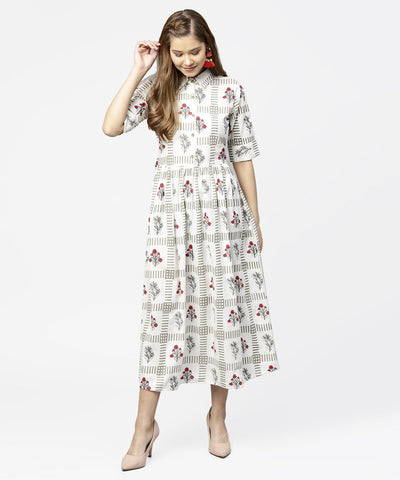 Women's Off White Printed Half Sleeve Cotton Maxi Dress With Belt