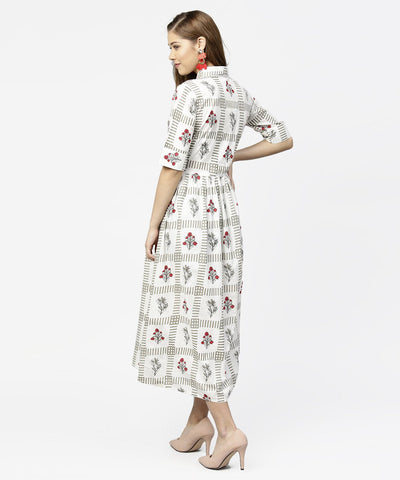 Women's Off White Printed Half Sleeve Cotton Maxi Dress With Belt