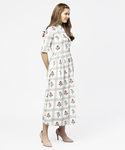 Women's Off White Printed Half Sleeve Cotton Maxi Dress With Belt