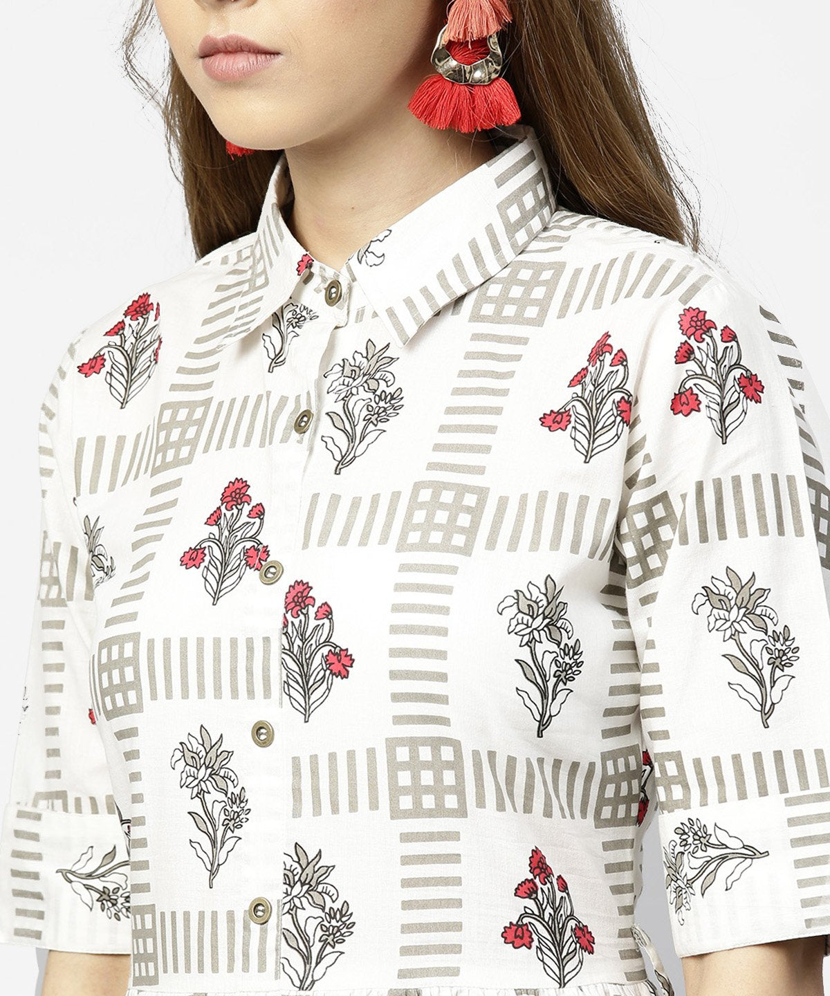 Women's Off White Printed Half Sleeve Cotton Maxi Dress With Belt