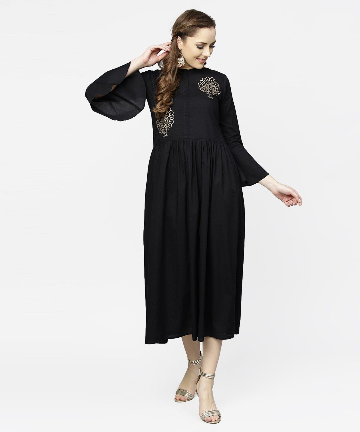 Women's Black Full Sleeve Golden Boota Printed Cotton Maxi Dress