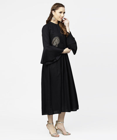 Women's Black Full Sleeve Golden Boota Printed Cotton Maxi Dress