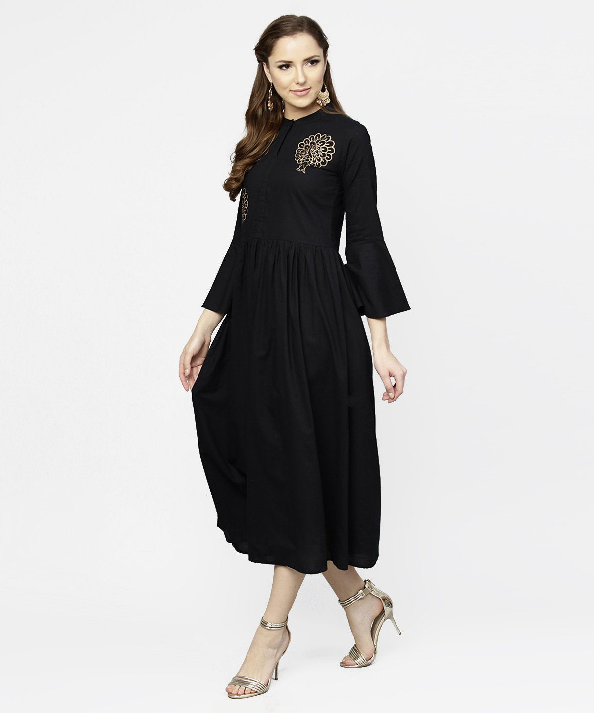 Women's Black Full Sleeve Golden Boota Printed Cotton Maxi Dress