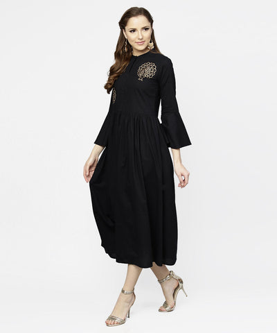 Women's Black Full Sleeve Golden Boota Printed Cotton Maxi Dress