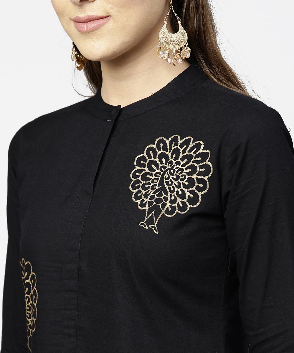 Women's Black Full Sleeve Golden Boota Printed Cotton Maxi Dress