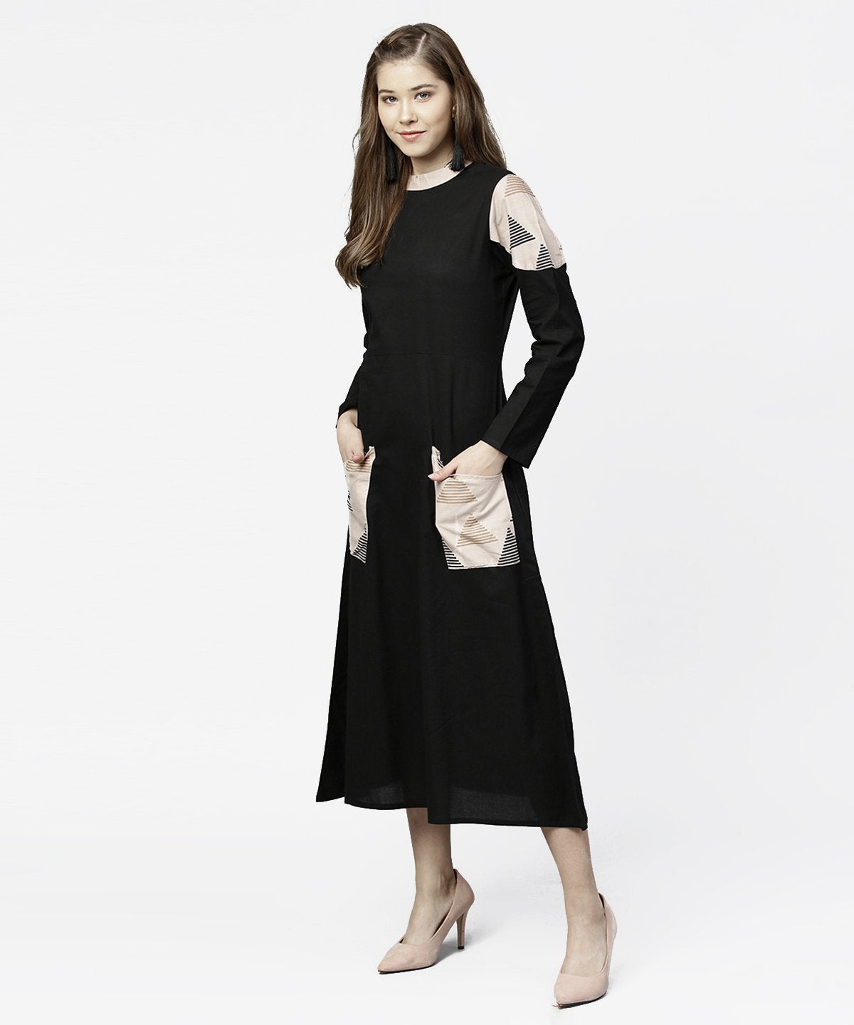 Women's Black 3/4Th Sleeve Cotton Maxi Dress With Double Pocket
