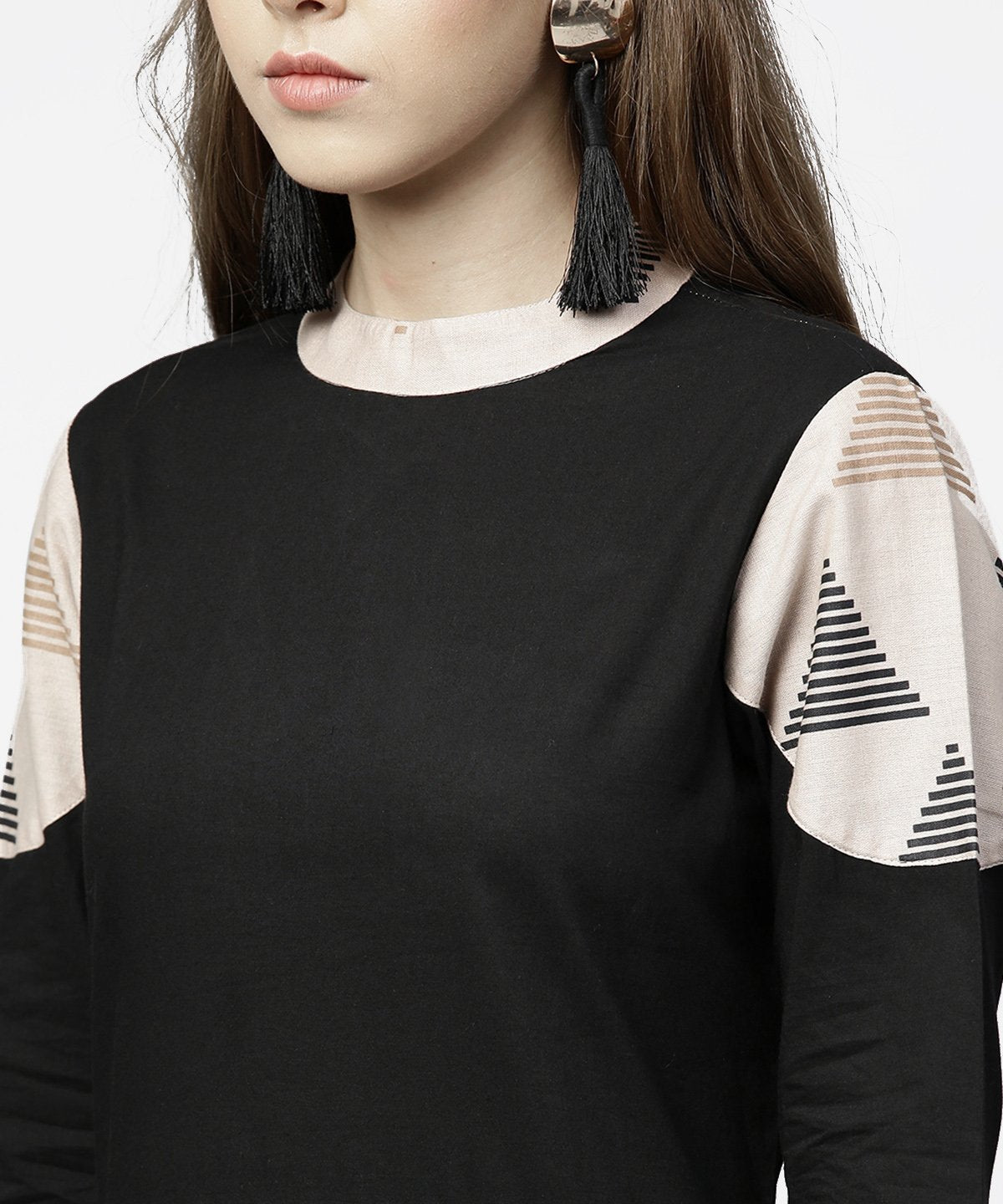 Women's Black 3/4Th Sleeve Cotton Maxi Dress With Double Pocket