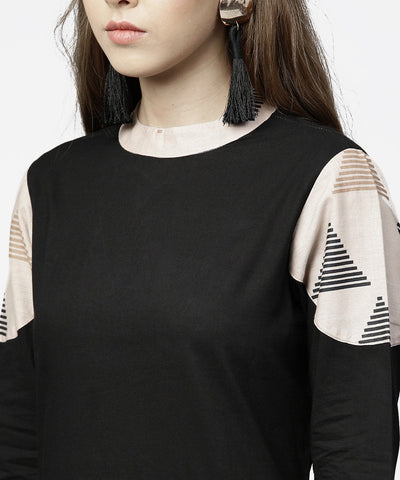 Women's Black 3/4Th Sleeve Cotton Maxi Dress With Double Pocket