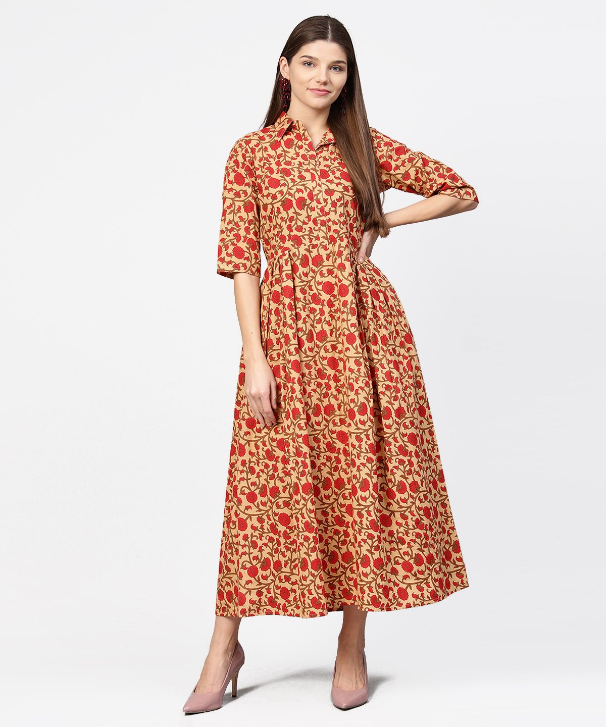 Women's Yellow & Red Printed Half Sleeve Cotton Maxi Dress