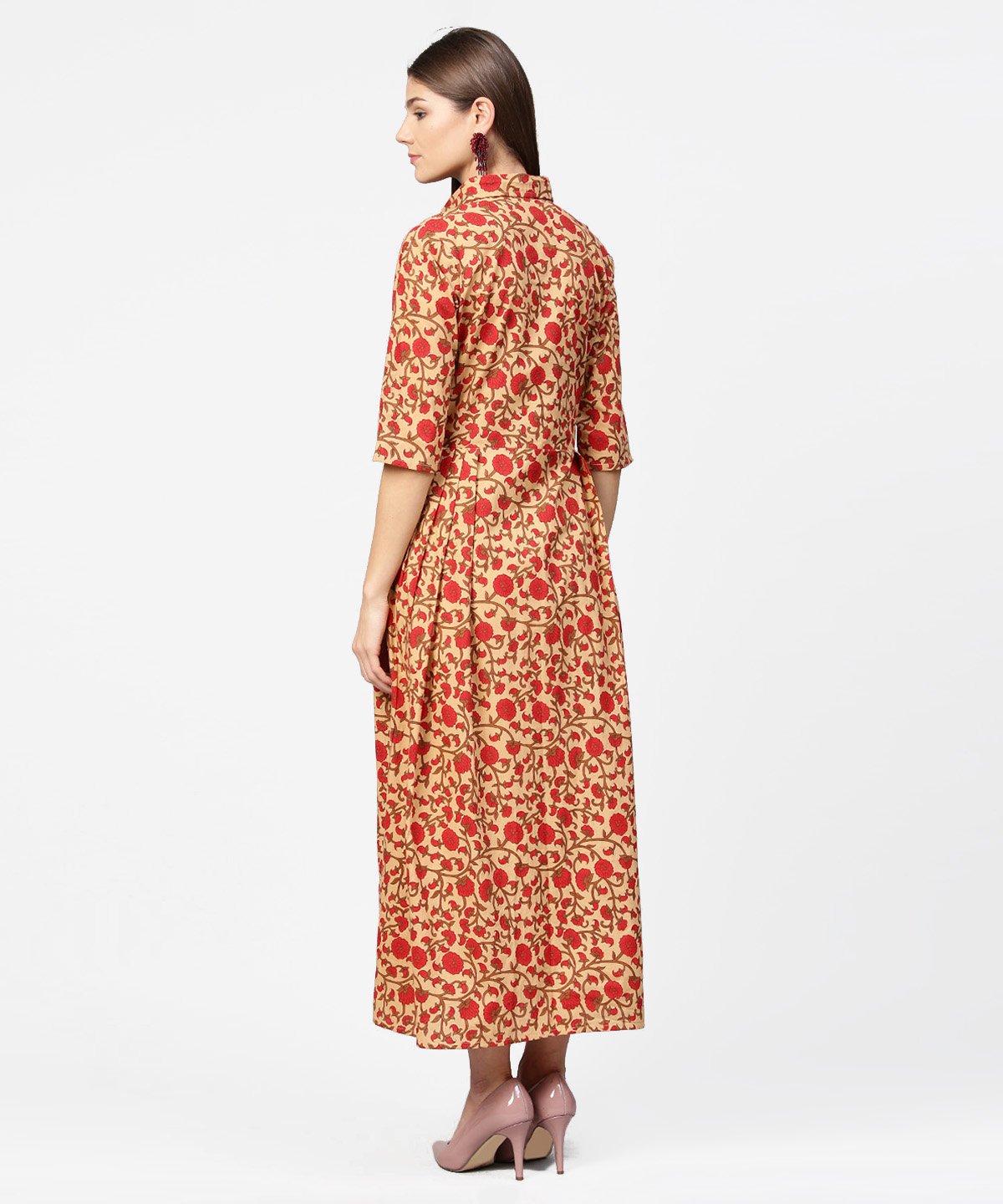 Women's Yellow & Red Printed Half Sleeve Cotton Maxi Dress
